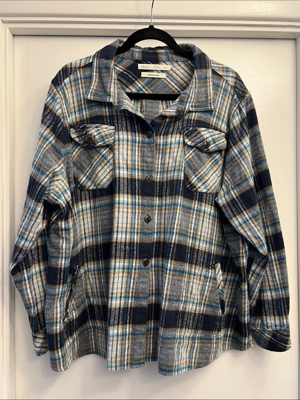 Woolrich Oxbow Bend Blue Tan cotton Flannel  Plaid Button-Up Shacket Size 3XL